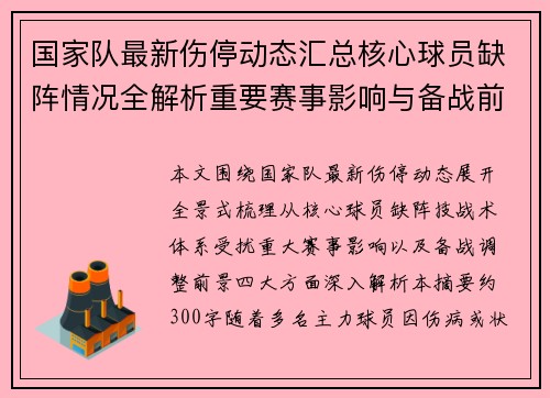 国家队最新伤停动态汇总核心球员缺阵情况全解析重要赛事影响与备战前景
