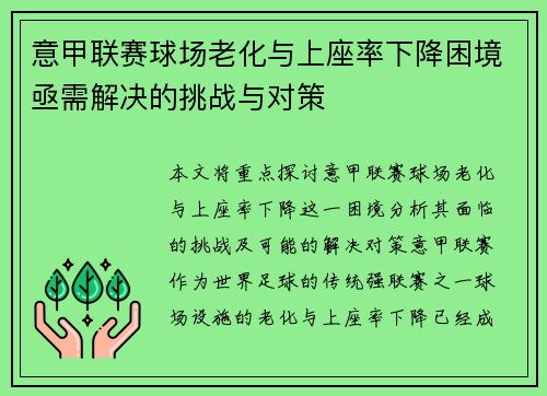 意甲联赛球场老化与上座率下降困境亟需解决的挑战与对策
