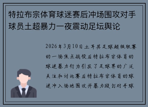 特拉布宗体育球迷赛后冲场围攻对手球员土超暴力一夜震动足坛舆论