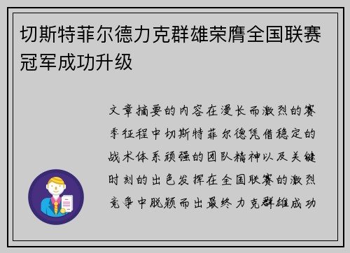 切斯特菲尔德力克群雄荣膺全国联赛冠军成功升级